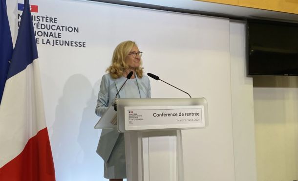 La ministre démissionnaire de l'Éducation nationale, Nicole Belloubet, lors de sa conférence de presse de rentrée, le 27 août 2024.